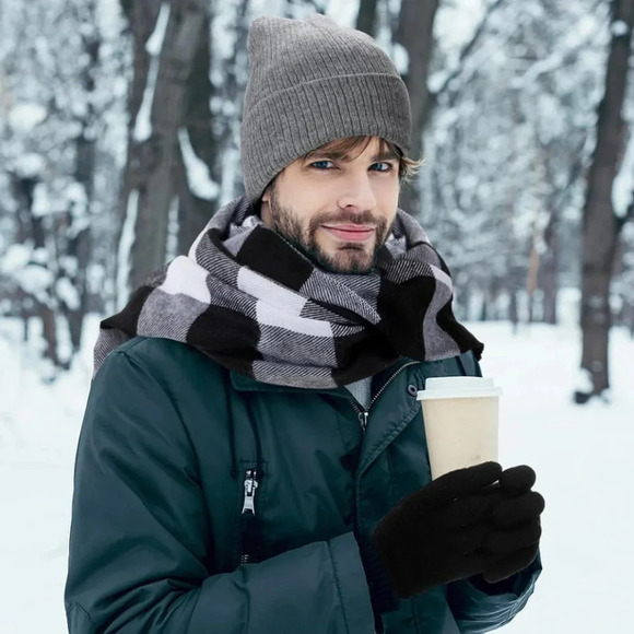 Scarf and Gloves Set - Knitted Winter Warmer Set, Winter Gloves Plaid School - Picture 4 of 6